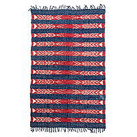 Wool area rug, 'Striped Winter' - Handwoven Blue and Red Striped Wool Area Rug from Guatemala