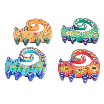 Ceramic magnets, 'Hypnotic Cats' (set of 4) - Set of 4 Handcrafted Ceramic Magnets with Colorful Cats