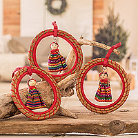 Pine needle ornaments, 'Vibrant Diversity' (set of 3) - Guatemalan Handcrafted Red Pine Needle Ornaments (Set of 3)