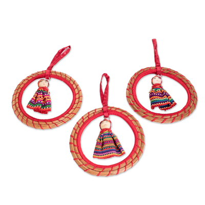 Pine needle ornaments, 'Vibrant Diversity' (set of 3) - Guatemalan Handcrafted Red Pine Needle Ornaments (Set of 3)