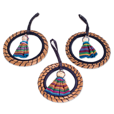 Pine needle ornaments, 'Navy Diversity' (set of 3) - Guatemalan Handcrafted Navy Pine Needle Ornaments (Set of 3)