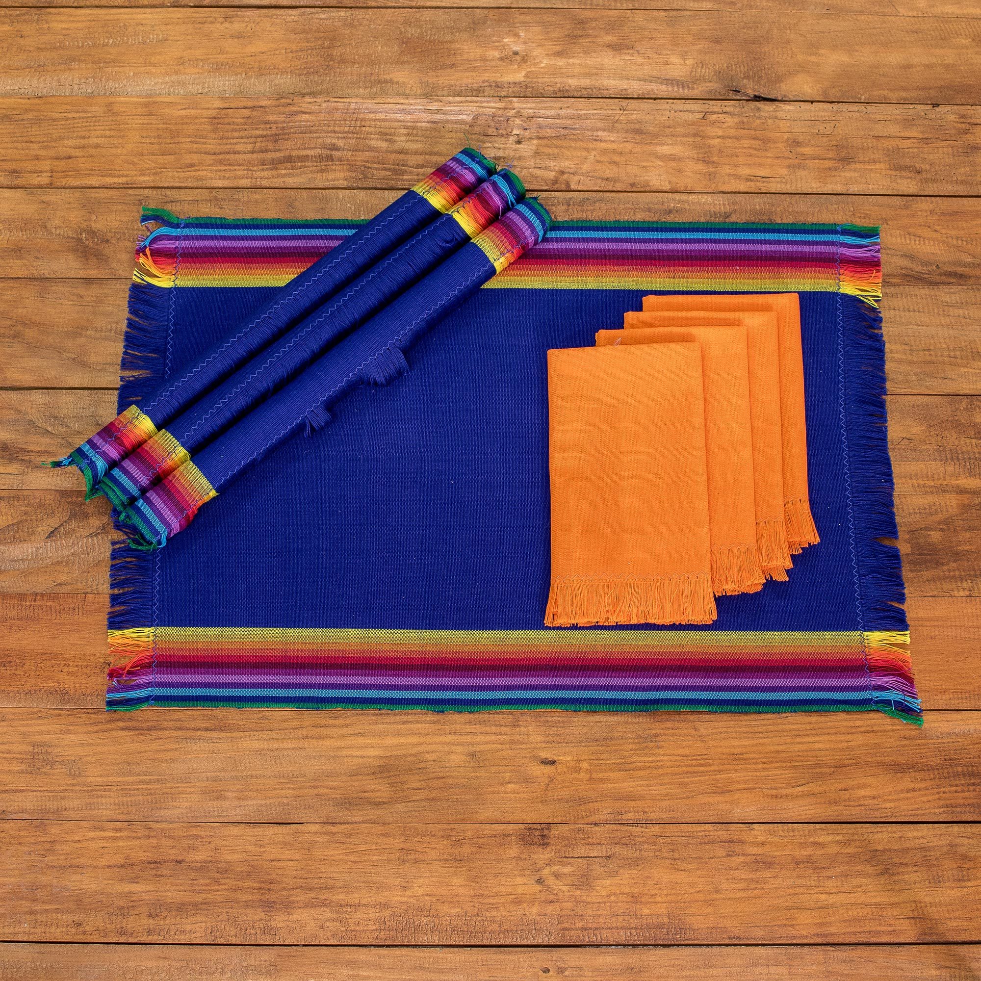 Handgewebte Baumwoll-Indigo-Tischsets mit Servietten (4er-Set), 'Indigo-Balance'