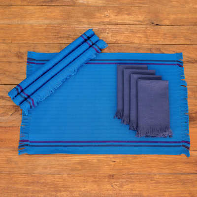 Manteles individuales y servilletas de algodón (juego de 4) - Manteles individuales azules de algodón tejidos a mano con servilletas (juego de 4)
