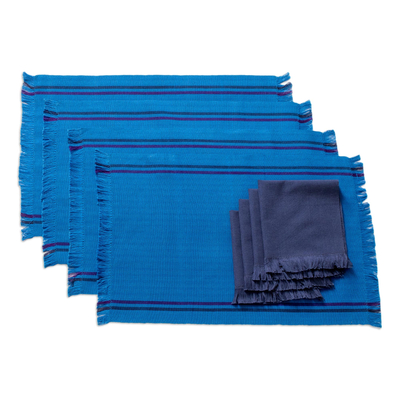Cotton placemats and napkins, 'Blue Wellness' (set of 4) - Handwoven Cotton Blue Placemats with Napkins (Set of 4)