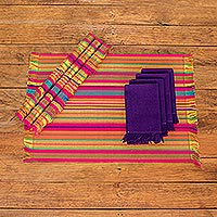 Cotton placemats and napkins, 'Cerise Fair' (set of 4) - Handwoven Cotton Striped Placemats with Napkins (Set of 4)