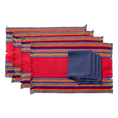 Manteles individuales y servilletas de algodón (juego de 4) - Manteles individuales carmesí de algodón tejidos a mano con servilletas (juego de 4)