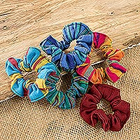 Gomas para el pelo de algodón, (juego de 5) - Set de 5 coleteros coloridos de algodón de Guatemala