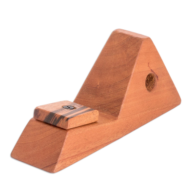 Mahogany wood phone stand, 'Futuristic Volcano' - Hand-Carved Mahogany Volcano Wood Phone Stand