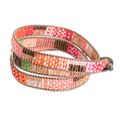 Glass beaded wrap bracelet, 'Geometric Innovation' - Handcrafted Glass Beaded Wrap Bracelet from Guatemala