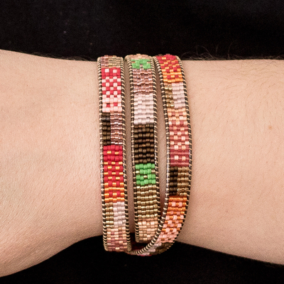 Glass beaded wrap bracelet, 'Geometric Innovation' - Handcrafted Glass Beaded Wrap Bracelet from Guatemala
