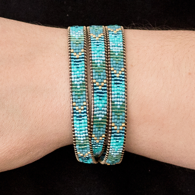Glass beaded wrap bracelet, 'Geometric Renovation' - Handcrafted Glass Beaded Wrap Bracelet with Arrow Motifs