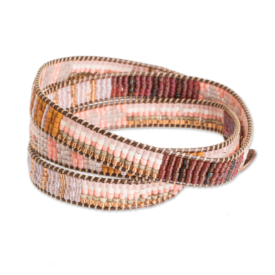 Glass beaded wrap bracelet, 'Geometric Illumination' - Handcrafted Glass Beaded Wrap Bracelet in Warm Palette