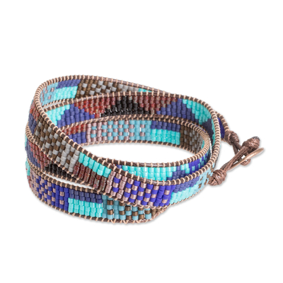 Glass beaded wrap bracelet, 'Geometric Tradition' - Geometric Glass Beaded Wrap Bracelet in Cool Palette