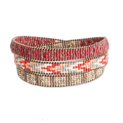 Glass beaded wrap bracelet, 'Geometric Direction' - Handcrafted Glass Beaded Wrap Bracelet with Arrow Pattern