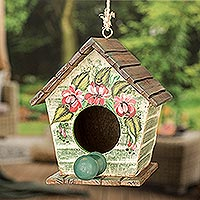 Reclaimed wood birdhouse, 'Costa Rican Gardens' - Hand-Painted Reclaimed Pinewood Shabby Chic Style Birdhouse