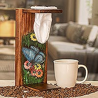 Wood single-serve drip coffee stand, 'Blue Butterfly' - Traditional Costa Rican Wood Single-Serve Drip Coffee Stand