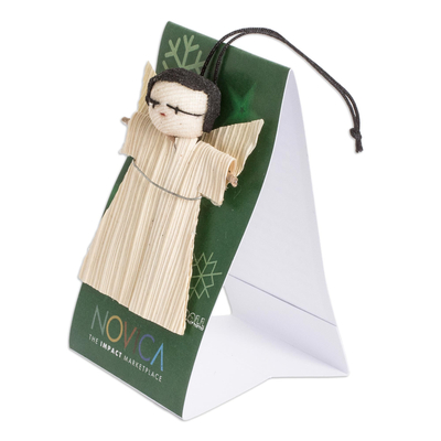 Cotton worry doll, 'Fortune Angel' - Handcrafted Cotton and Cibaque Angel Worry Doll in Beige