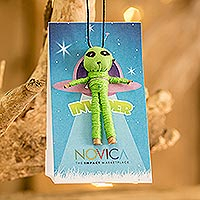 Cotton worry doll, 'Spatial Luck' - Handcrafted Cotton and Cibaque Alien Worry Doll in Green