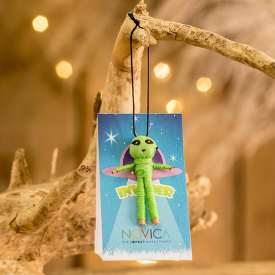 Cotton worry doll, 'Spatial Luck' - Handcrafted Cotton and Cibaque Alien Worry Doll in Green