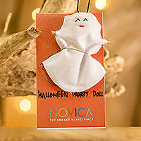 Cotton worry doll, 'Spectral Smile' - Handcrafted Cotton Ghost Worry Doll from Guatemala