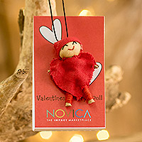 Cotton worry doll, 'Lucky Love' - Handcrafted Romantic Cotton Worry Doll with Heart Costume