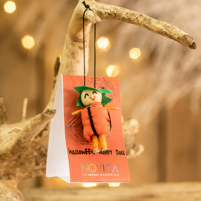 Cotton worry doll, 'Spooky Fortune' - Handcrafted Cotton Worry Doll with Pumpkin Costume