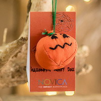 Cotton worry doll, 'Bewitching Pumpkin' - Handcrafted Cotton Pumpkin Worry Doll from Guatemala