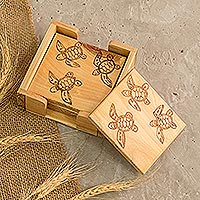 Wood coasters, 'Lovely Turtle' (set of 4) - Handmade Set of 4 Wood Coasters with Box and Turtle Motif