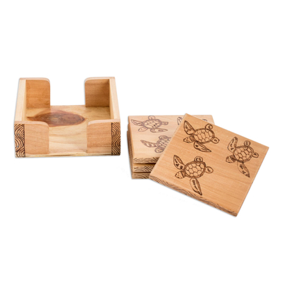 Handmade Set of 4 Wood Coasters with Box and Turtle Motif