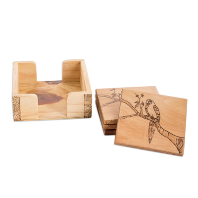 Handmade Set of 4 Wood Coasters with Box and Macaw Motif