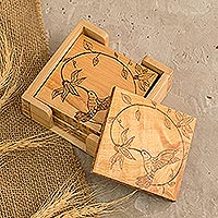 Wood coasters, 'Cute Hummingbird' (set of 4) - Handmade Set of 4 Laurel Wood Hummingbird Coasters with Box