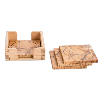 Handmade Set of 4 Laurel Wood Hummingbird Coasters with Box