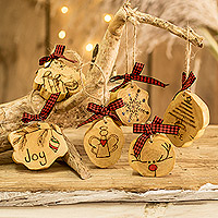 Wood ornaments, 'Wooden Holidays' (set of 6) - Set of 6 Handmade Christmas Ornaments with Painted Motifs