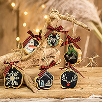 Wood ornaments, 'Forest Christmas' (set of 6) - Set of 6 Handmade Christmas Ornaments with Painted Details