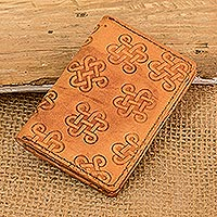 Leather card wallet, 'Ginger Luck' - Handcrafted Leather Card Wallet with Celtic Knot Motifs