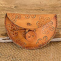 Leather headphone holder, 'Ginger Fortune' - Handcrafted Leather Headphone Holder with Celtic Knot Motifs