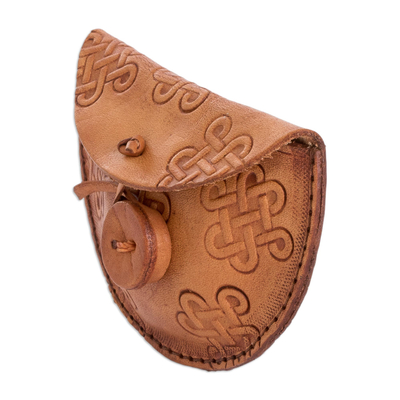 Soporte para auriculares de cuero - Porta auriculares de piel artesanal con motivos de nudos celtas