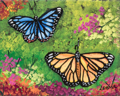 'Butterflies' - Signiertes, ungedehntes, impressionistisches Ölgemälde mit Schmetterlingen