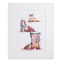 'Flora Shoes IV' - Watercolor & Ink Expressionist Painting of Shoes with Flower