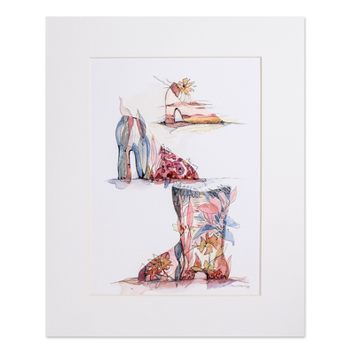 'Flora Shoes IV' - Pintura expresionista en acuarela y tinta de zapatos con flor