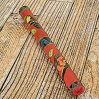 Bamboo rainstick, 'Natural Sanctuary' - Handcrafted Bamboo Rainstick with Animal and Leafy Details