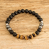 Men's multi-gemstone beaded bracelet, 'I Am Strength' - Men's Multi-Gemstone Beaded Bracelet with Tiger's Eye