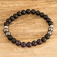 Men's multi-gemstone beaded bracelet, 'I Am Equilibrium' - Men's Black Gemstone Beaded Bracelet with Amethysts