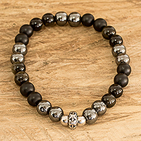 Hematite and agate beaded bracelet, 'Midnight Force' - Handcrafted Multi-Gemstone Beaded Bracelet in Dark Tones