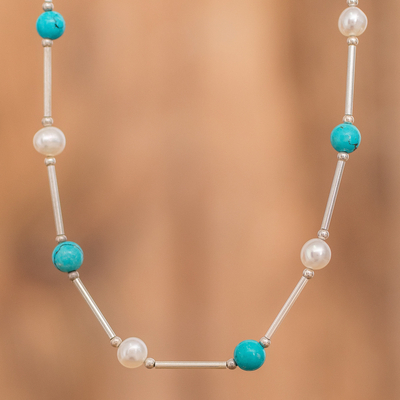 Collar de perlas cultivadas y cuentas de turquesa - Collar con cuentas de turquesa y perlas cultivadas pulidas