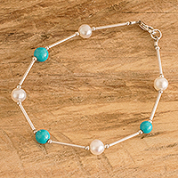 Cultured pearl and turquoise beaded bracelet, 'Innocence and Hope' - Polished Cultured Pearl and Turquoise Beaded Bracelet