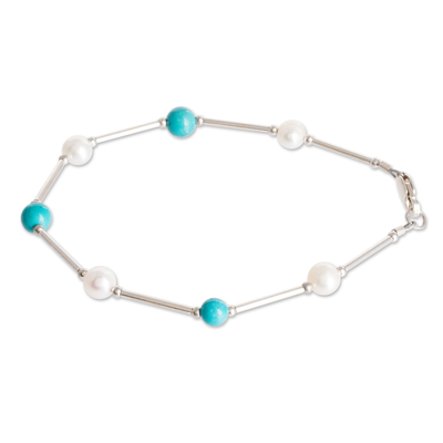 Cultured pearl and turquoise beaded bracelet, 'Innocence and Hope' - Polished Cultured Pearl and Turquoise Beaded Bracelet