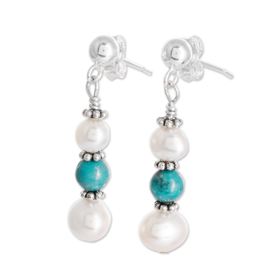 Cultured pearl and turquoise beaded dangle earrings, 'Precious Tide' - White Pearl and Turquoise Beaded Dangle Earrings