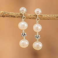 Cultured pearl beaded dangle earrings, 'Pearly Richness' - Sterling Silver Beaded Dangle Earrings with Cream Pearls