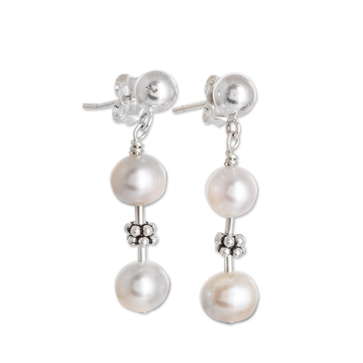 Aretes colgantes con cuentas de perlas cultivadas - Pendientes colgantes de plata de ley con perlas color crema